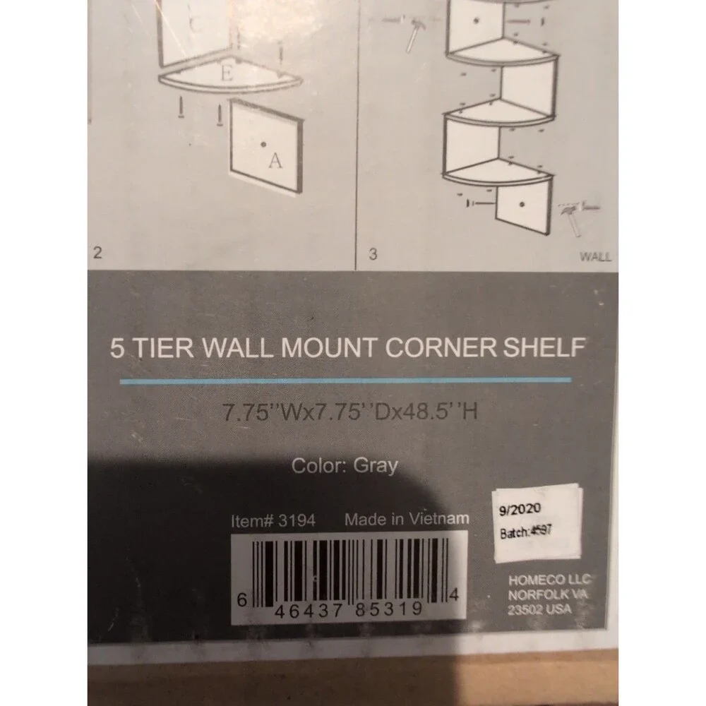 5-Tier Wall Mounted Corner Shelf Gray Wood 7.75x7.75x48.5in, Assembly